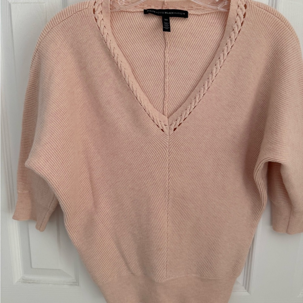 White House Black Market Pink V-Neck Sweater with Cable-Knit Detail
